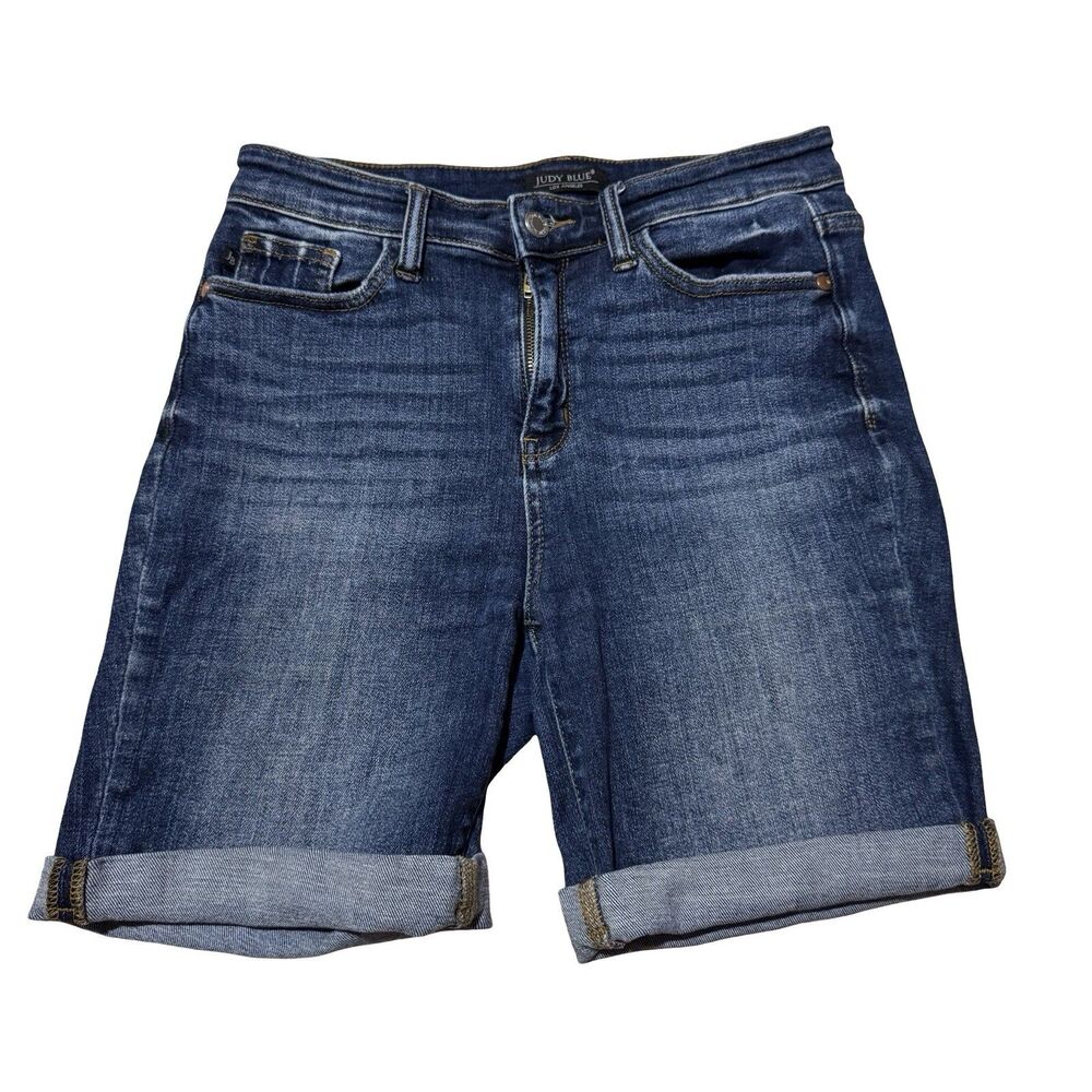 Judy Blue Denim Shorts Womens Medium Blue High Rise Bermuda Summer Dark Wash
